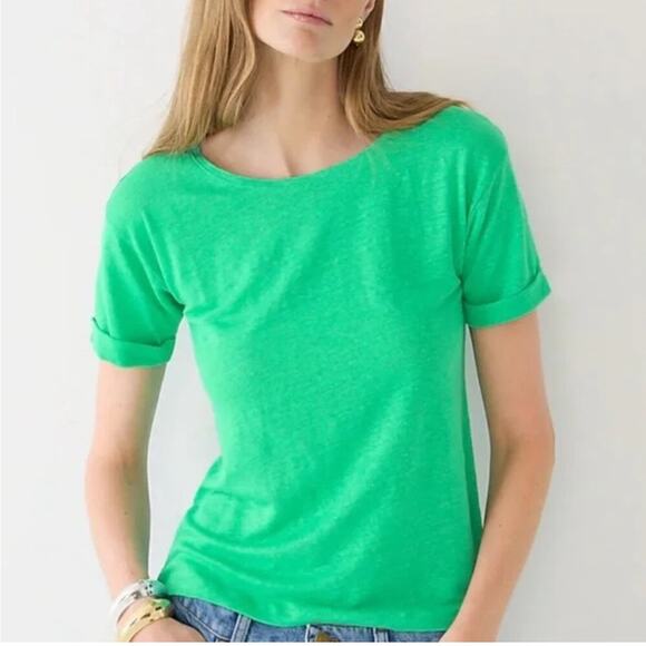 J. Crew Linen Roll Cuff Crewneck Tee Shirt In Summer Green Size SMALL - Picture 1 of 7